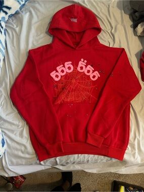 Men's Red Graphic Crewneck Hoodie with Spiderweb 555 Motif